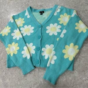 Boho Flower Aqua Sweater Cardigan Girls size L (10/12) Art Class